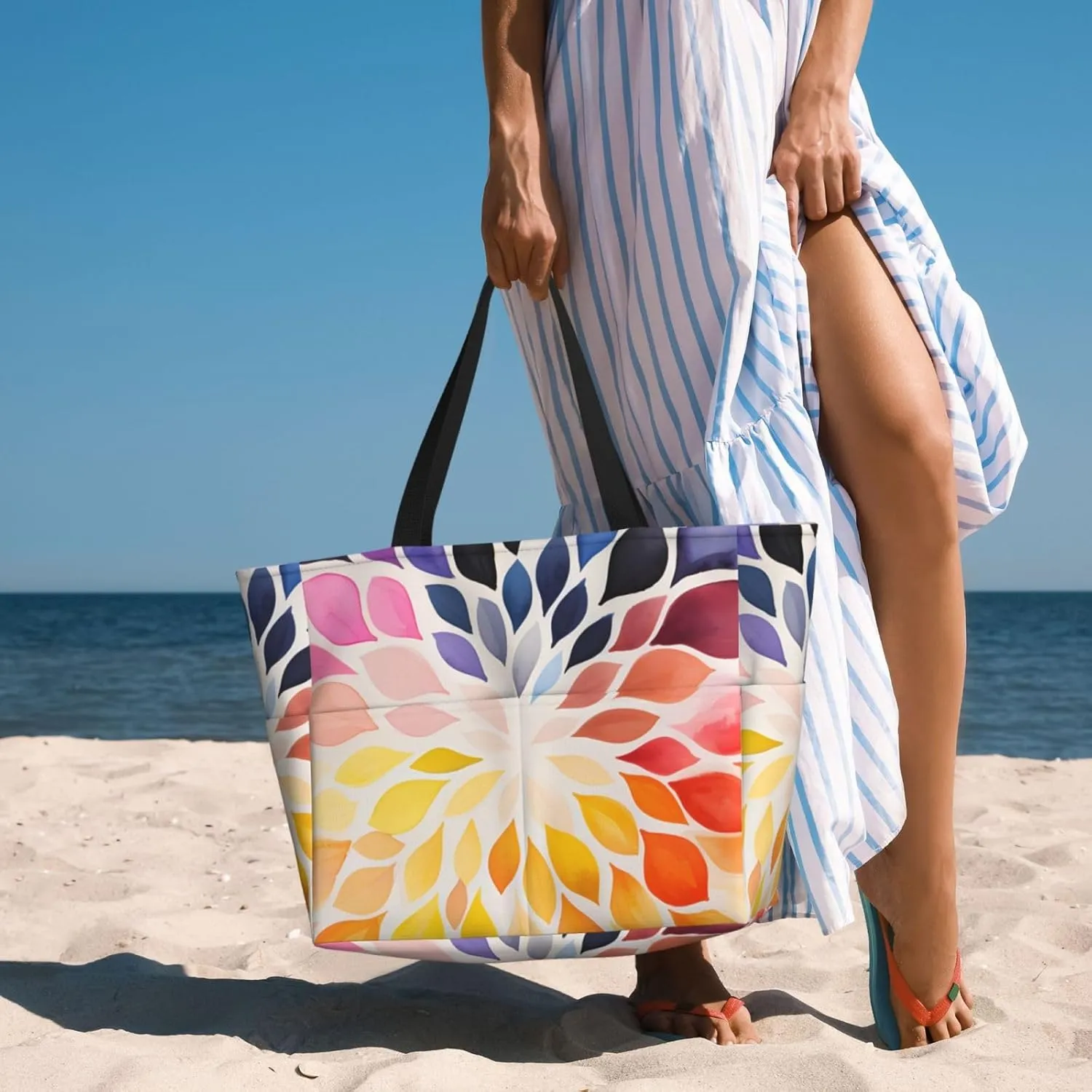 Rainbow Print Large Beach Tote Bag Women Waterproof Sandproof Zipper Beach Tote Bag For Pool Gym Grocery Travel With Wet
