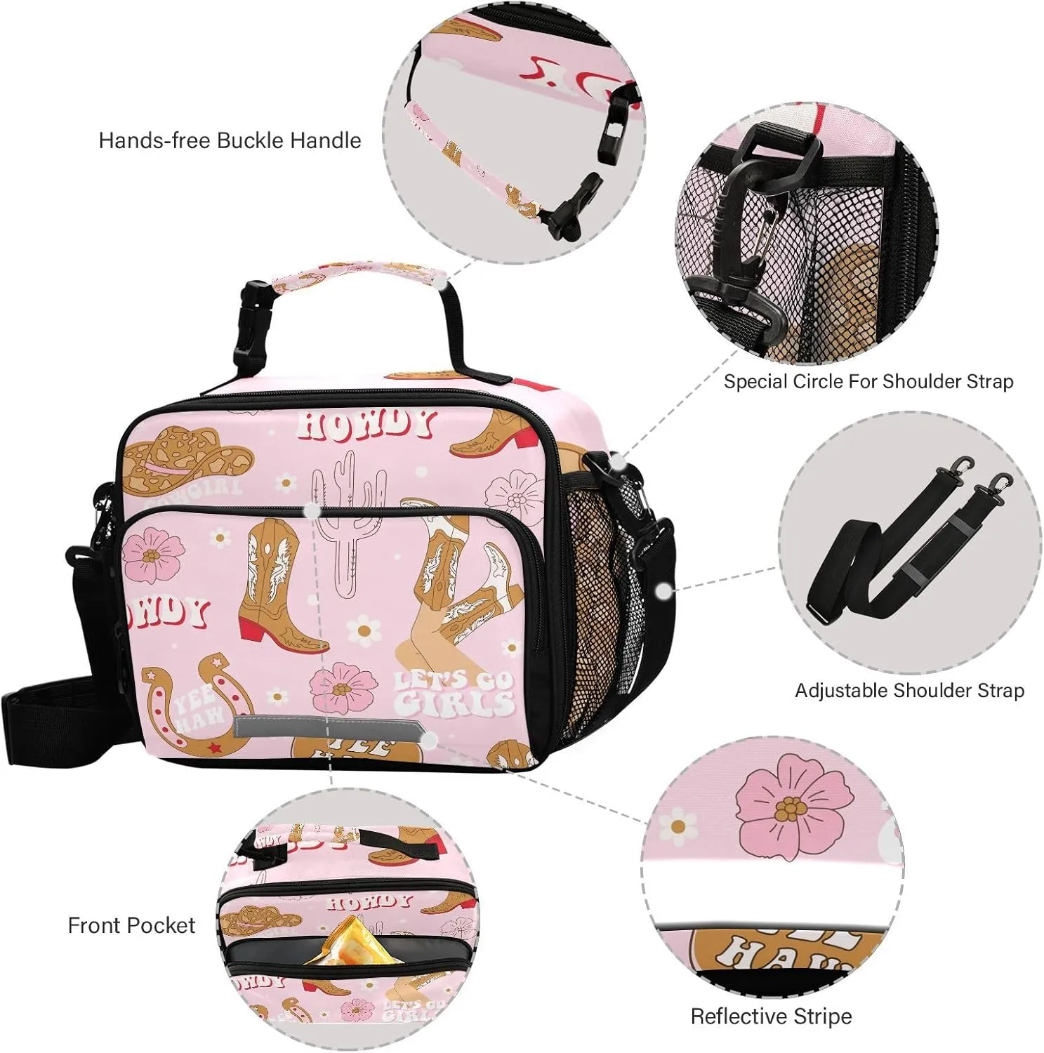 Retro Cowgirl Boots Lunch Bag for Women Men Cactus Horseshoe Insulated Cooler Tote Bag with Adjustable Shoulder Strap Large Capacity Picnic Lunch Box Outdoor for Adult Office