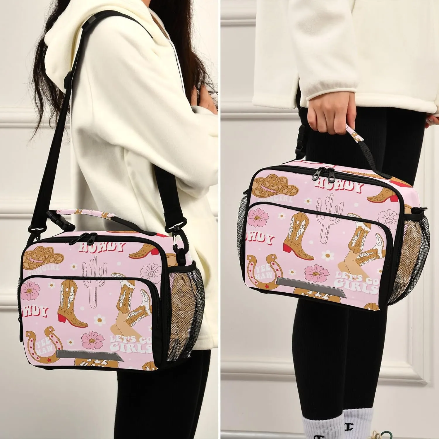 Retro Cowgirl Boots Lunch Bag for Women Men Cactus Horseshoe Insulated Cooler Tote Bag with Adjustable Shoulder Strap Large Capacity Picnic Lunch Box Outdoor for Adult Office
