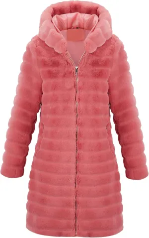 RISISSIDA Women Long Faux Fur Coat Fuzzy Jacket Hooded Winter Fall Warm Overcoat