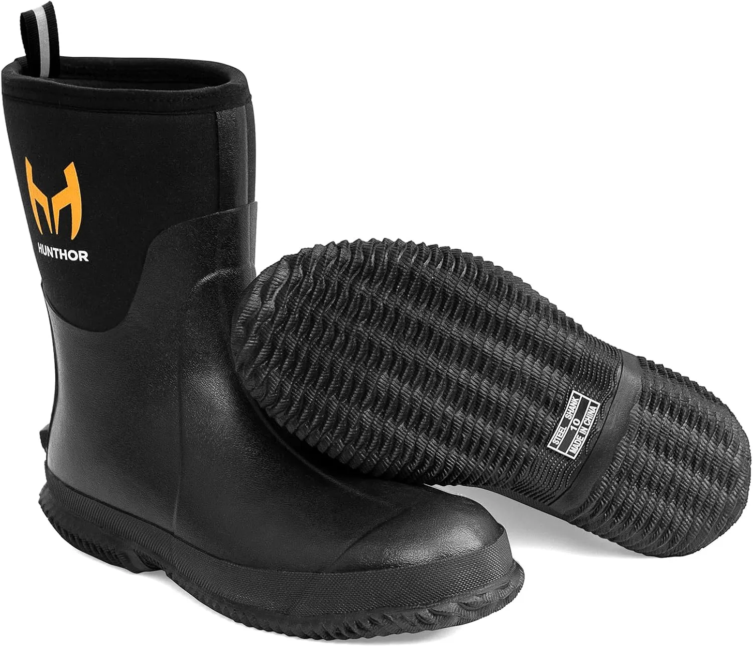 Rubber Boots for Men with Steel Shank, 6mm Neoprene Insulated Rain Boots, Mid Calf Waterproof Rubber Work Boots for Hunting, Gardening, Farming, Fishing