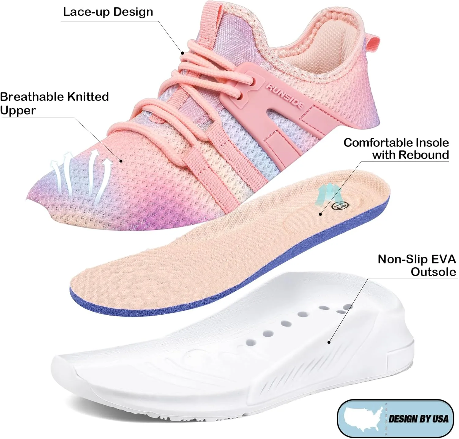RUNSIDE Girls Tennis Shoes Lightweight Sports Kids Sneakers Lace-up for Running/Walking, Toddler/Little Kid/Big Kid