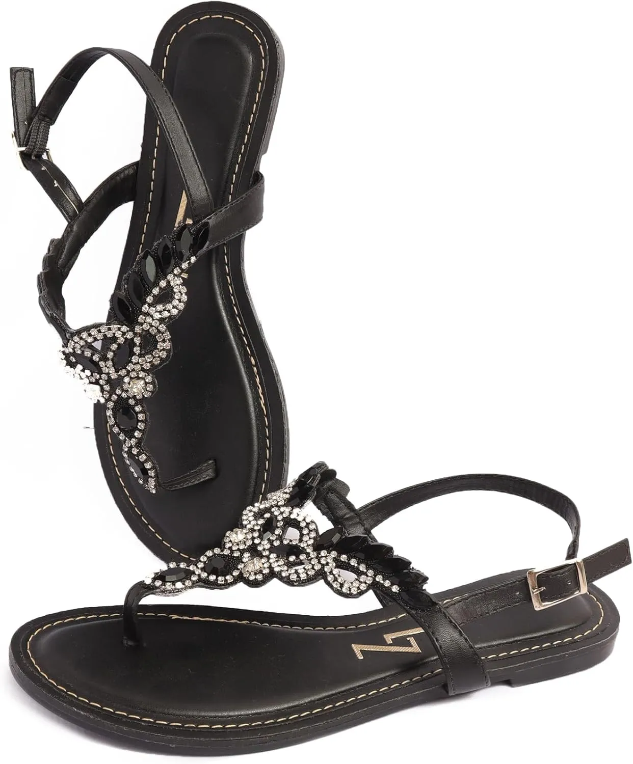 SANDALS FLAT WITH BLACK STRASS JEWELRY CRYSTALS SOLADO TR