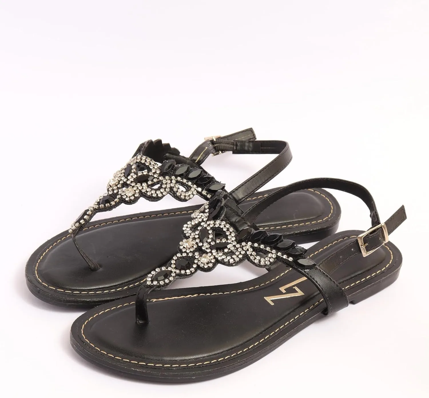 SANDALS FLAT WITH BLACK STRASS JEWELRY CRYSTALS SOLADO TR