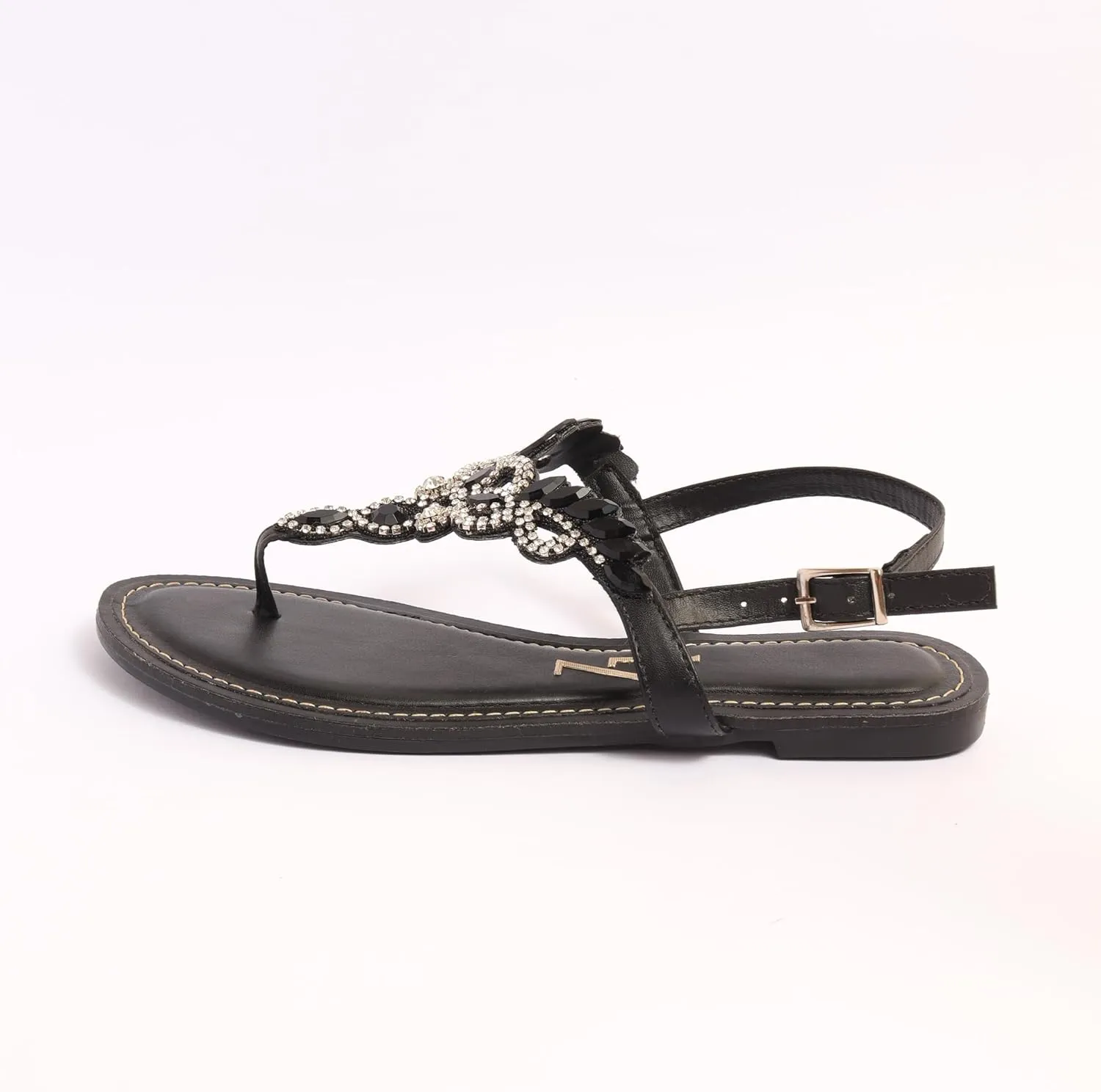 SANDALS FLAT WITH BLACK STRASS JEWELRY CRYSTALS SOLADO TR