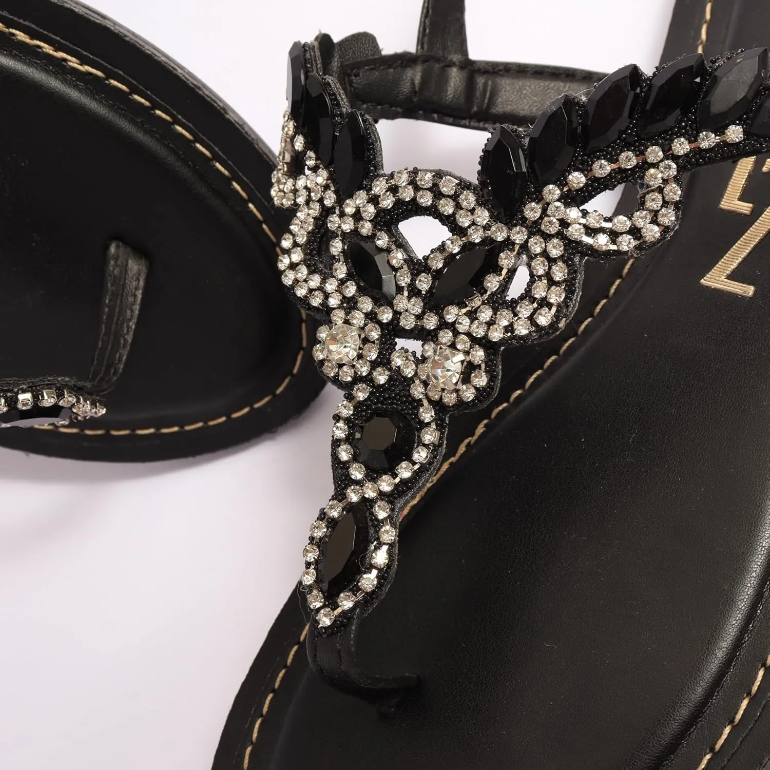 SANDALS FLAT WITH BLACK STRASS JEWELRY CRYSTALS SOLADO TR