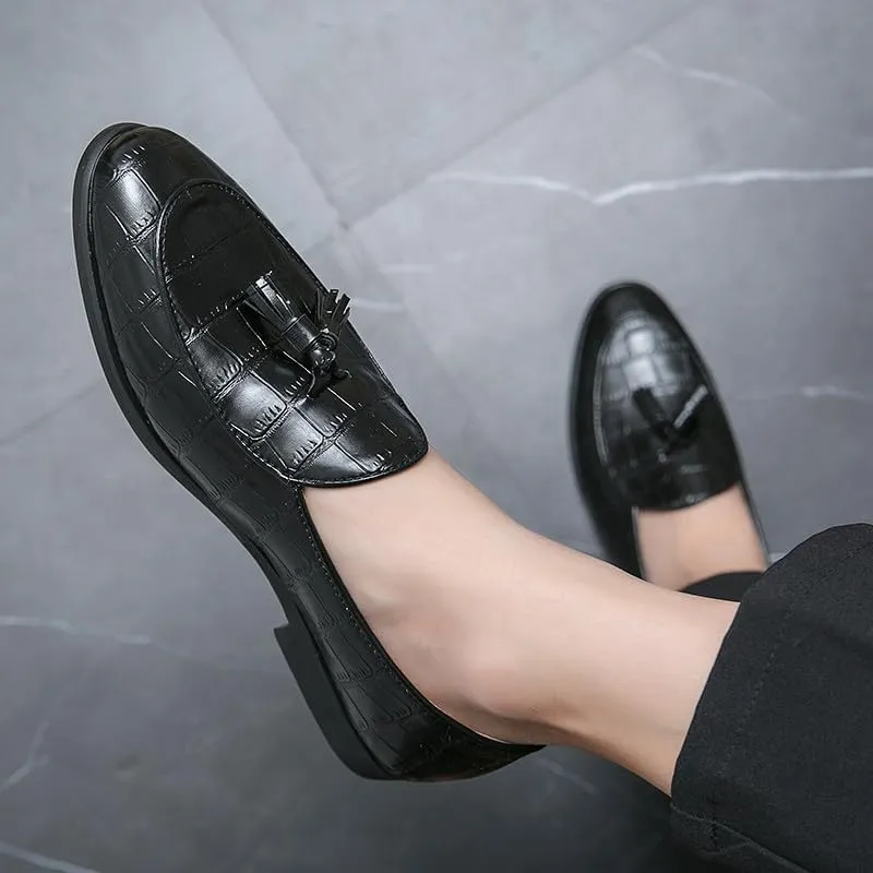 Santimon Men's Tassels Loafers Crocodile Pattern Leather Slip-On Wedding Dress Tuxedo Suit Shoes