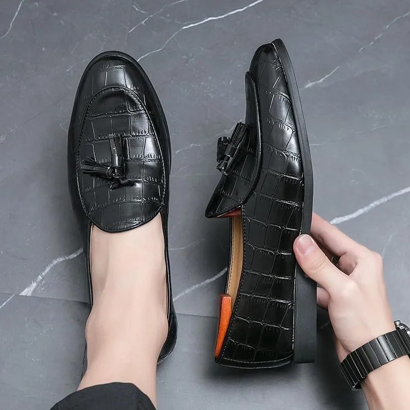 Santimon Men's Tassels Loafers Crocodile Pattern Leather Slip-On Wedding Dress Tuxedo Suit Shoes