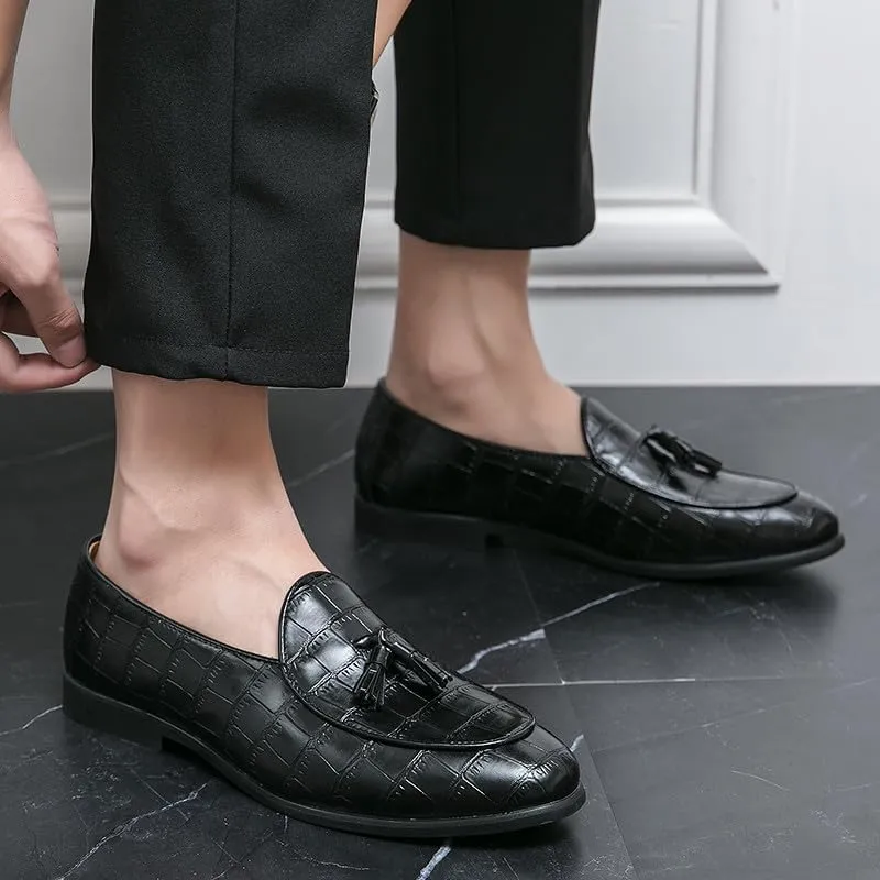 Santimon Men's Tassels Loafers Crocodile Pattern Leather Slip-On Wedding Dress Tuxedo Suit Shoes
