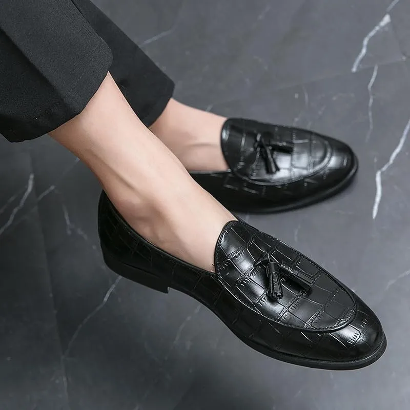Santimon Men's Tassels Loafers Crocodile Pattern Leather Slip-On Wedding Dress Tuxedo Suit Shoes