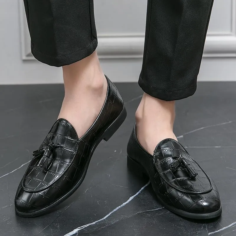 Santimon Men's Tassels Loafers Crocodile Pattern Leather Slip-On Wedding Dress Tuxedo Suit Shoes
