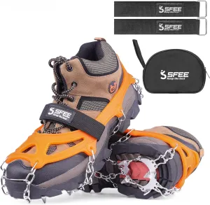 Sfee Ice Snow Grips Crampons Traction Cleats,19 Stainless Steel Spikes for Women Men Kids, Anti Slip Flexible Shoe/Boot Footwear for Walking Climbing Hiking Fishing Outdoor