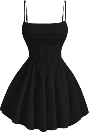 SHENHE Women's Ruched Corset Dress Spaghetti Strap Fit and Flare Flowy Skater Mini Cami Dress