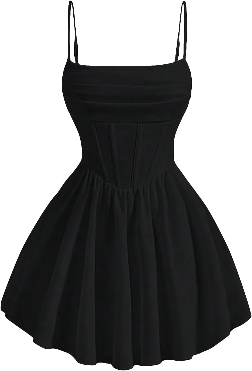 SHENHE Women's Ruched Corset Dress Spaghetti Strap Fit and Flare Flowy Skater Mini Cami Dress