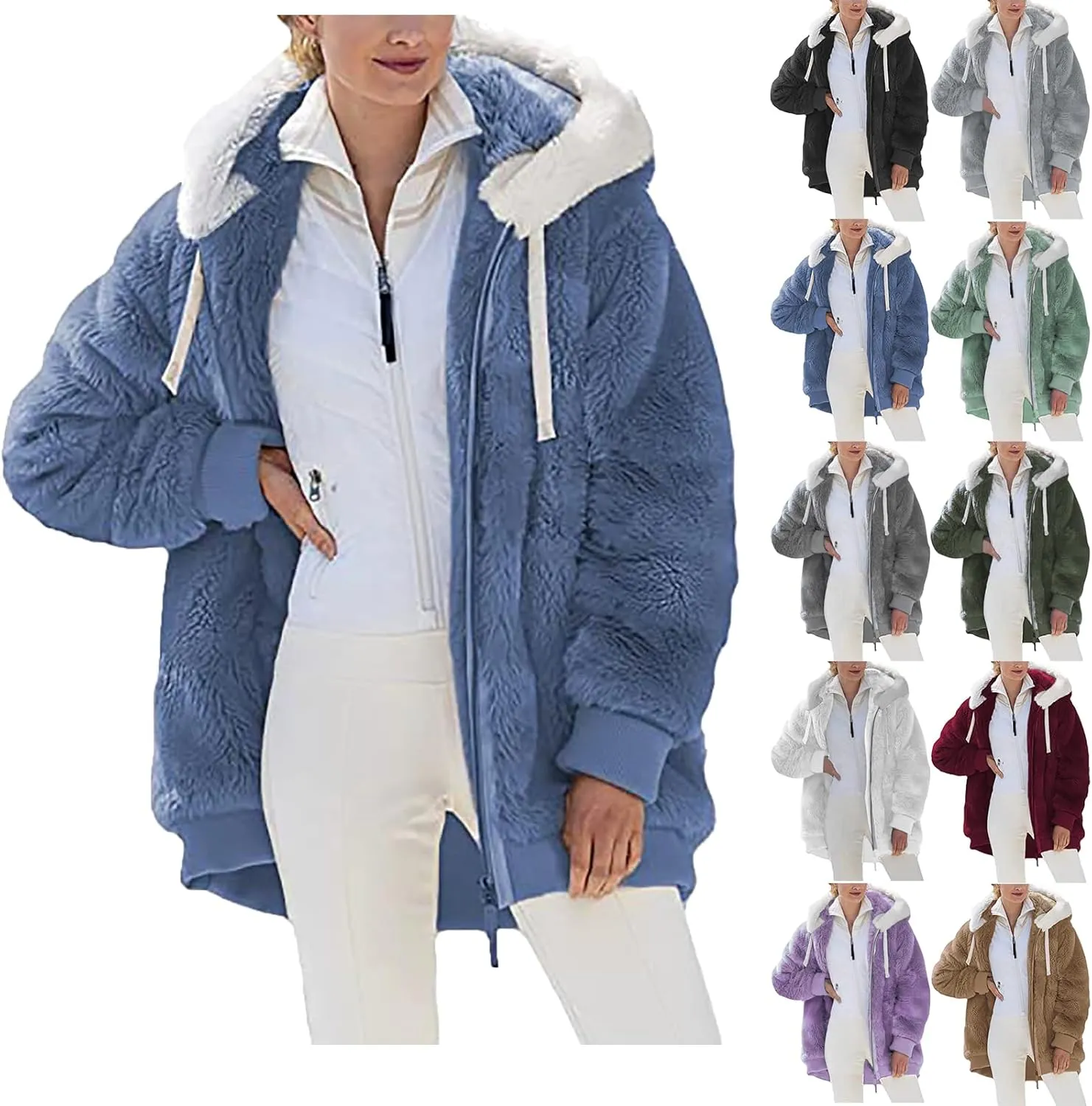 Sherpa Jackets For Women Fashion Winter Fuzzy Fleece Teddy Coat Hooded Zip Up Shaggy Fluffy Coats Warm Winter Outwear