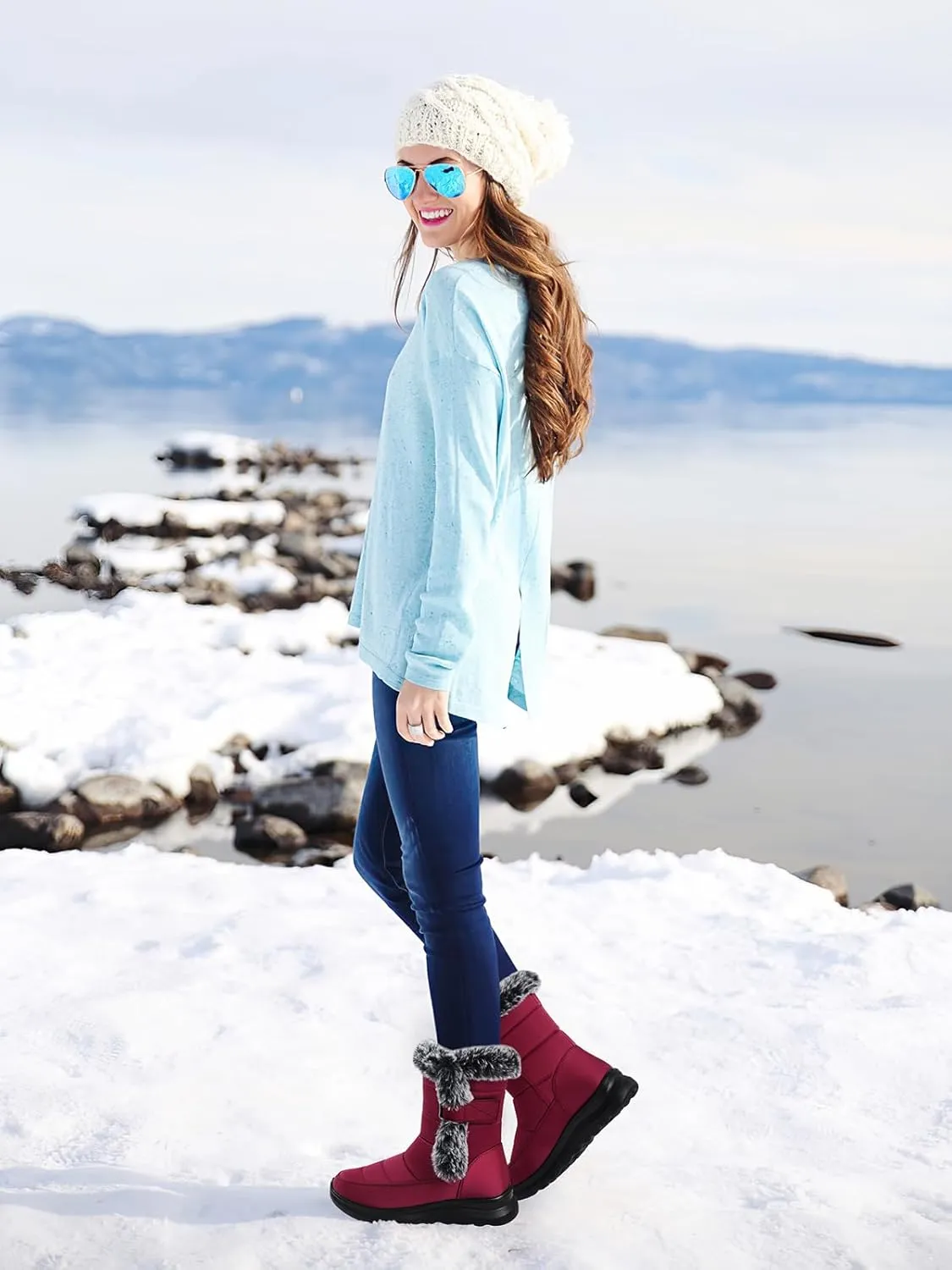 SHIBEVER Waterproof Winter Boots for Women: Snow Mid Calf Fur Lined Warm Women Boot Outdoor Resistant Booties