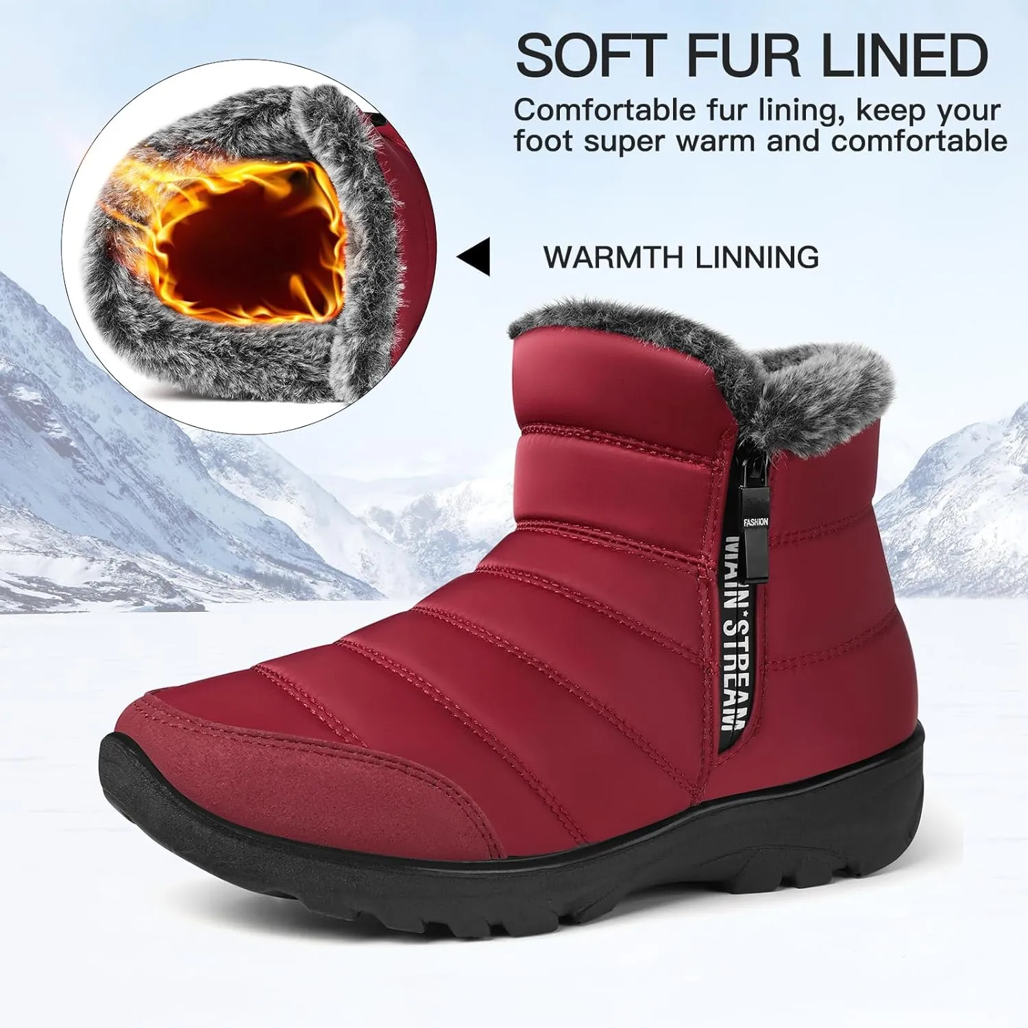 SHIBEVER Women Winter Snow Boots: Womens Waterproof Fur Lined Warm Boot Outdoor Walking Comfortable Slip On Zipper Ankle Booties