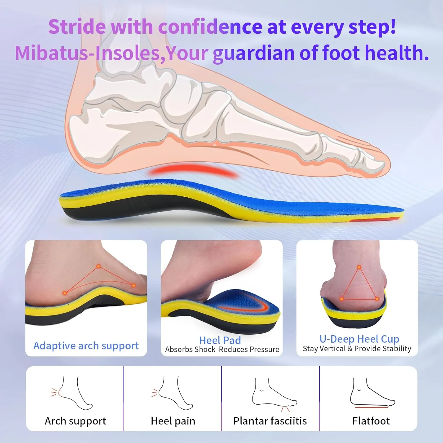 Shoe Insoles with Arch Support Plantar Fasciitis Relief for Men Women Runing Walking, 220Lbs Orthotics Insole Shoes Insert Pads fit Sneakers and Work Boot for Standing All Day-to Men10-12 | Women12-14