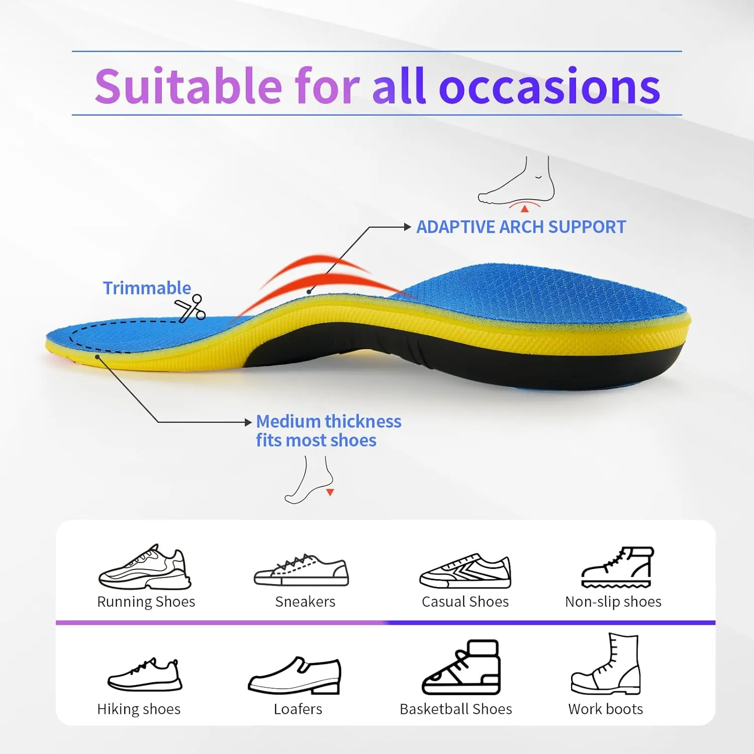 Shoe Insoles with Arch Support Plantar Fasciitis Relief for Men Women Runing Walking, 220Lbs Orthotics Insole Shoes Insert Pads fit Sneakers and Work Boot for Standing All Day-to Men10-12 | Women12-14