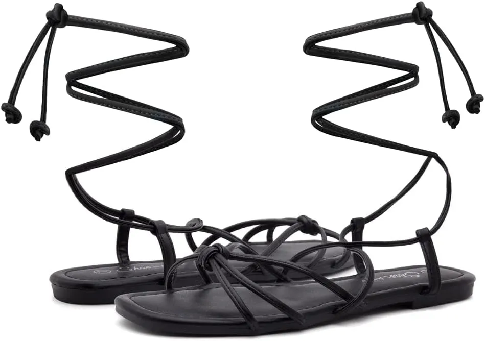 Shoe Land Flashh Women's Flat Strappy Lace Up Sandal Open Toe Comfortable Dressy Gladiator Sandals Tie up Ankle Strap Shoes for Summer