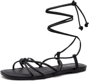 Shoe Land Flashh Women's Flat Strappy Lace Up Sandal Open Toe Comfortable Dressy Gladiator Sandals Tie up Ankle Strap Shoes for Summer