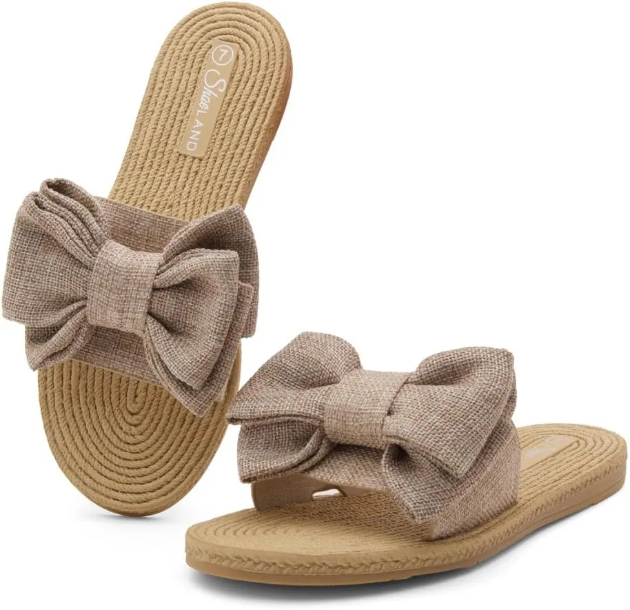 Shoe Land SL-Nylah Womens Flat Sandals Fashion Knot Bow Slides Open Toe Dressy Sandal Slip on Slippers Black Red Beige Fuchsia Green Blue Flat Sandals for Summer Beach Vacation