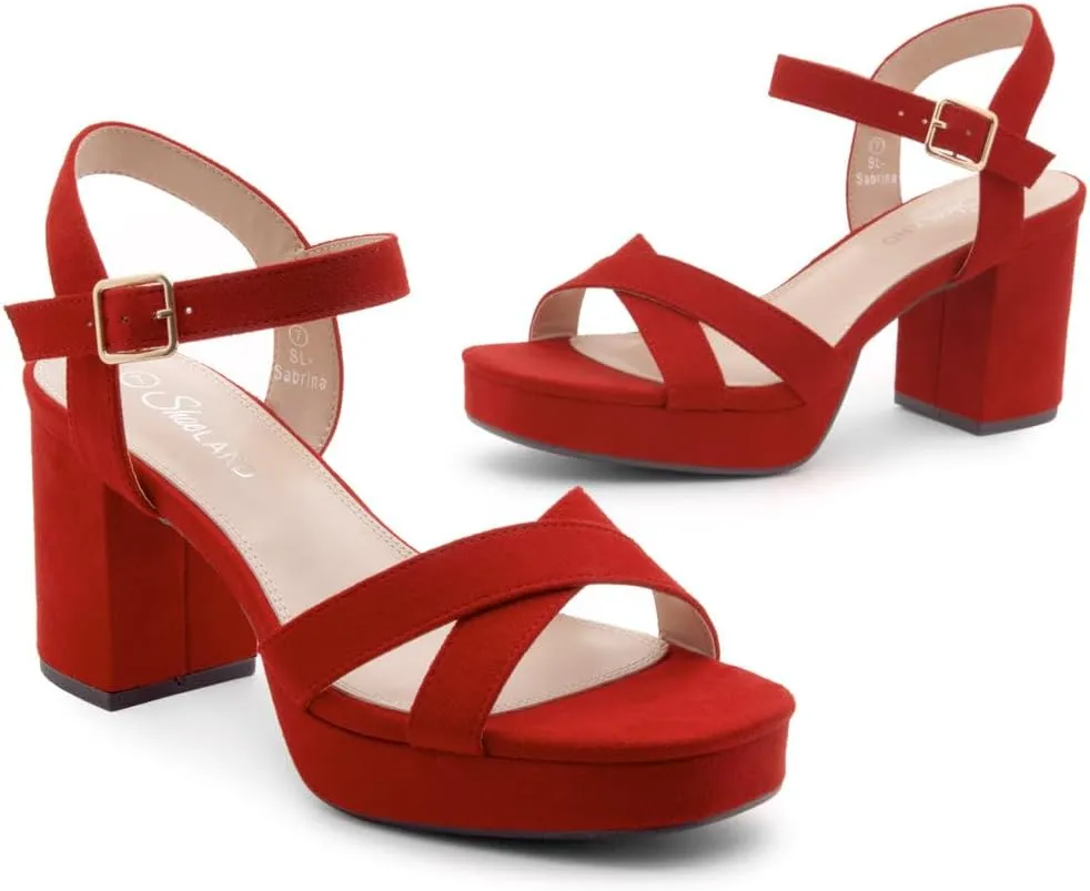 Shoe Land SL-Sabrina Women's Platform Heels, 3-Inch Chunky Block Heeled Sandals, Square Open Toe Ankle Strappy Dressy Heels for Prom, Wedding, Party, and Evening