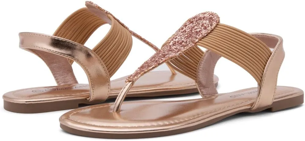 Shoe Land Women's Flat Sandals - Fashion Thong & Gladiator Style with Elastic Strappy String Ankle Strap, Dressy Casual Comfortable Daily Wear, Trendy 2025