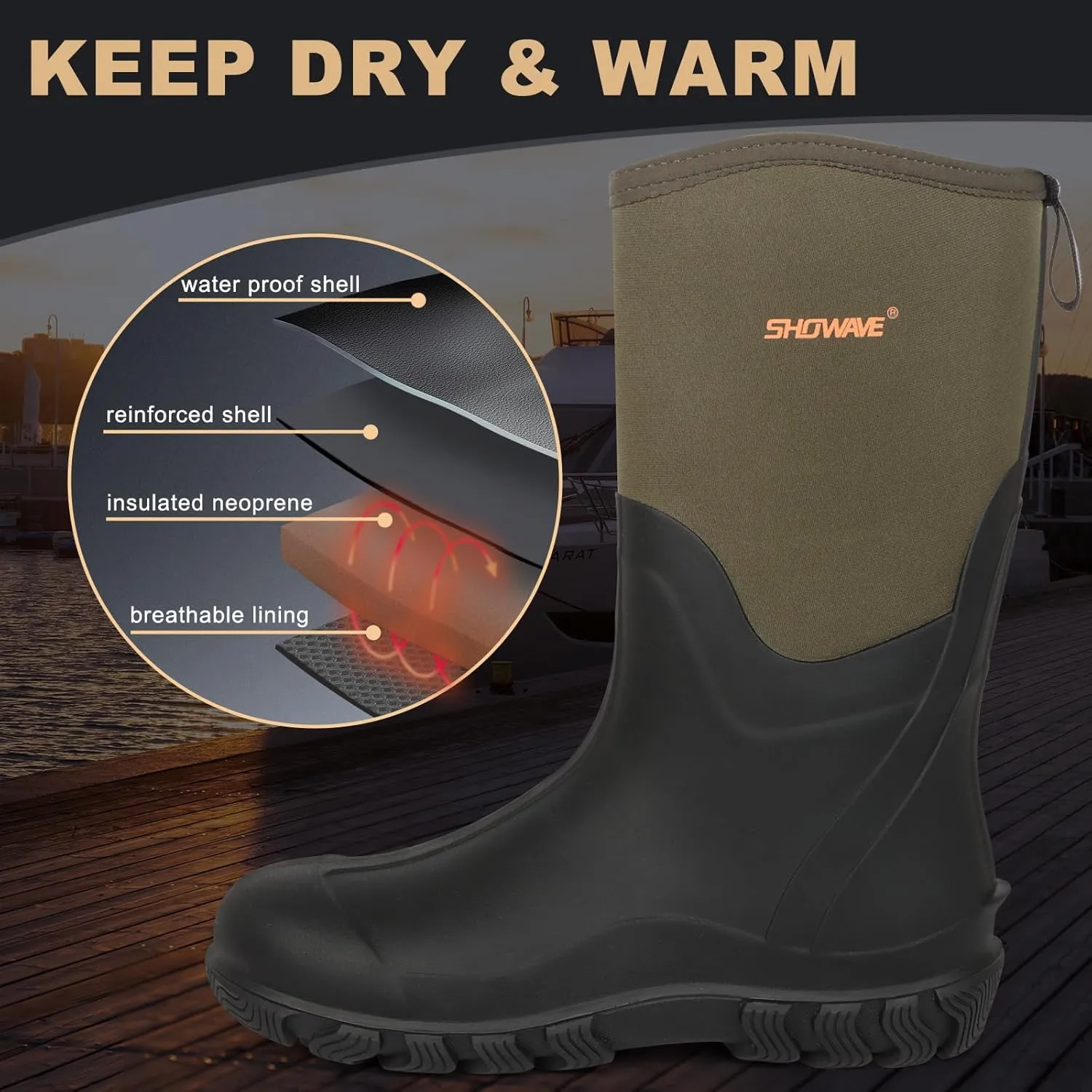 Showave Classic Men's Rubber Boots Waterproof Rain Boots Insulated Neoprene Boot Mud Boot for Farming Hunting Gardening Yard Chore Working