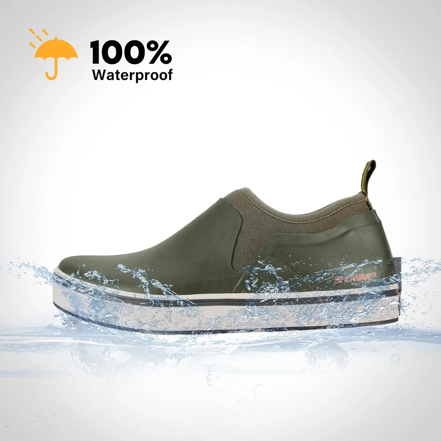 Showave Deck Shoes for Men Waterproof Garden Boots Slip-on Rain Shoes Breathable Ruber Fishing Shoes for Outdoor Mud Walking