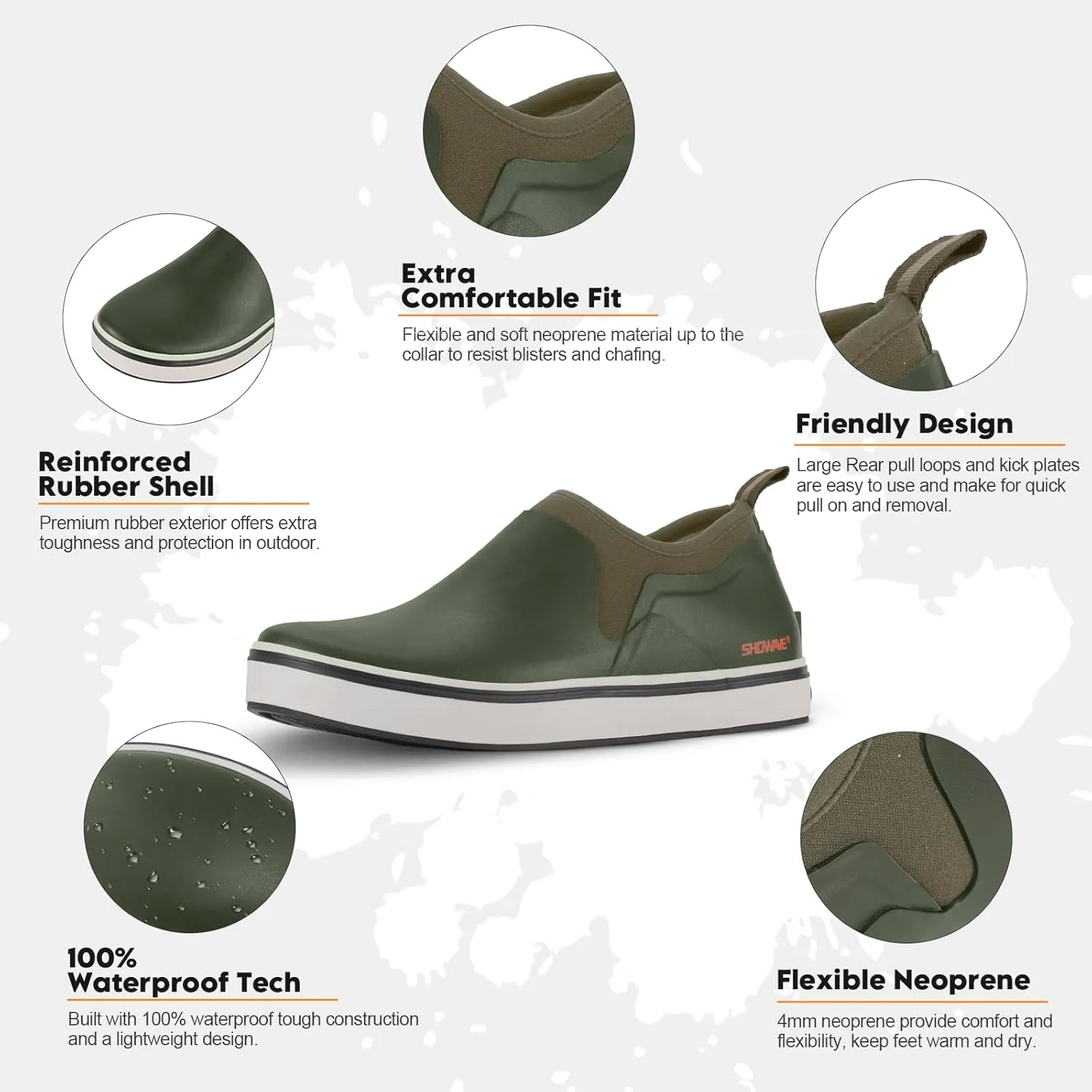 Showave Deck Shoes for Men Waterproof Garden Boots Slip-on Rain Shoes Breathable Ruber Fishing Shoes for Outdoor Mud Walking
