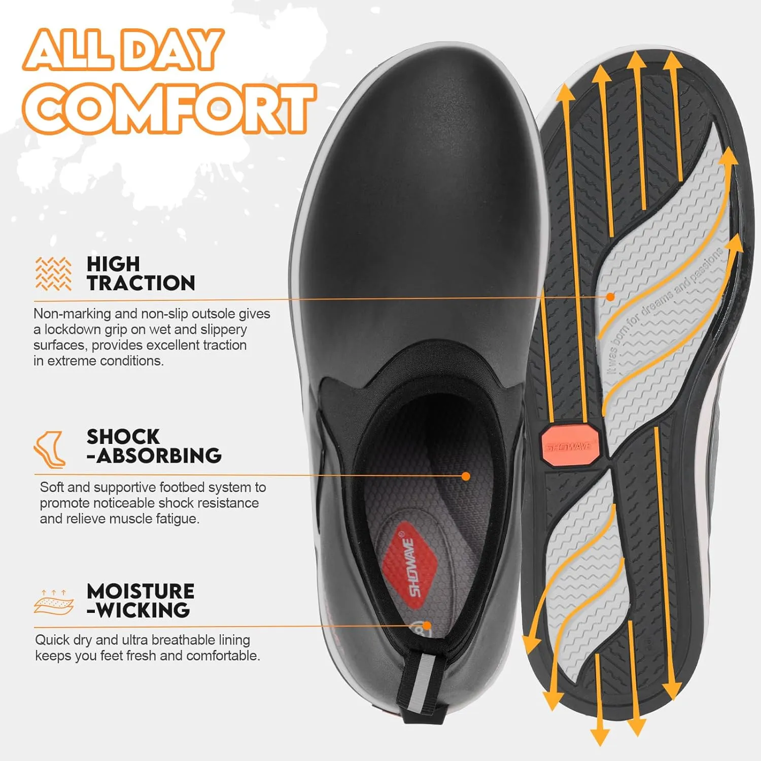 Showave Deck Shoes for Men Waterproof Garden Boots Slip-on Rain Shoes Breathable Ruber Fishing Shoes for Outdoor Mud Walking