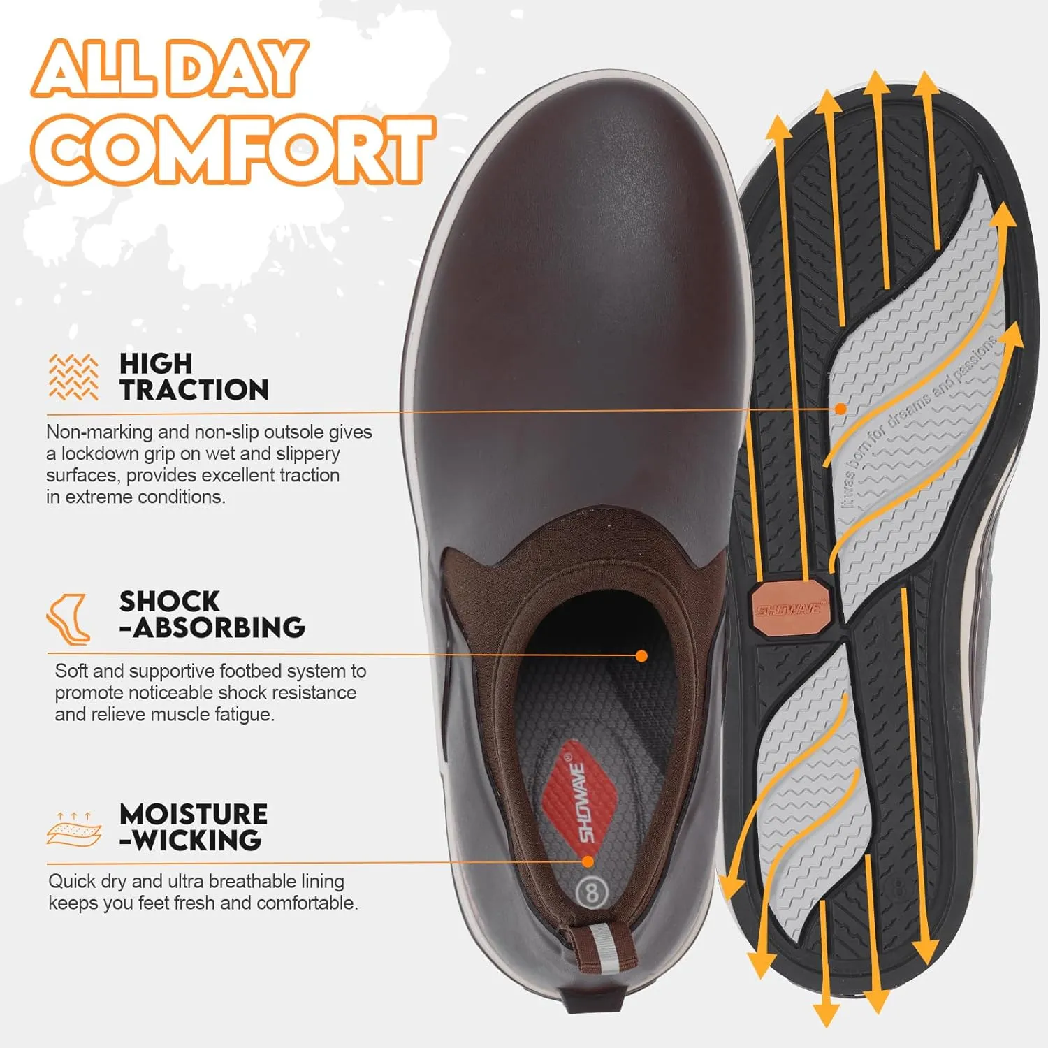 Showave Deck Shoes for Men Waterproof Garden Boots Slip-on Rain Shoes Breathable Ruber Fishing Shoes for Outdoor Mud Walking
