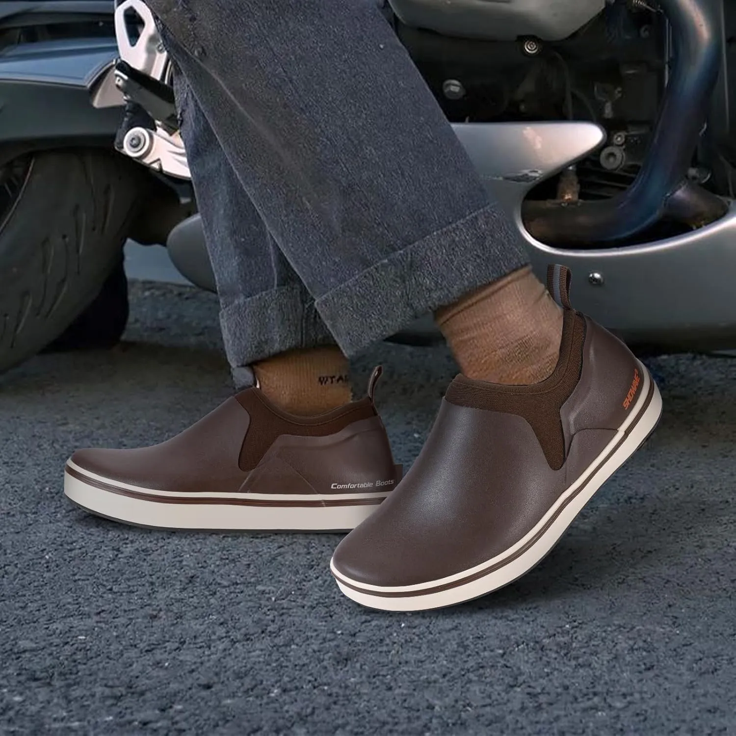 Showave Deck Shoes for Men Waterproof Garden Boots Slip-on Rain Shoes Breathable Ruber Fishing Shoes for Outdoor Mud Walking