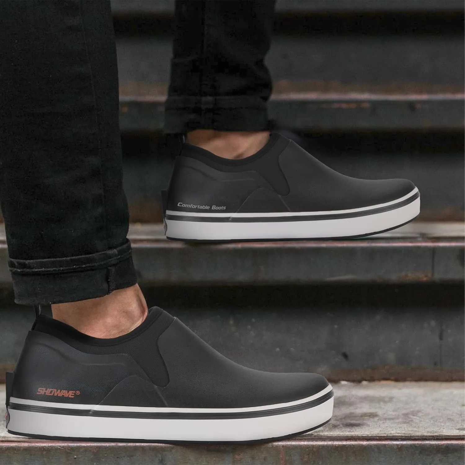 Showave Deck Shoes for Men Waterproof Garden Boots Slip-on Rain Shoes Breathable Ruber Fishing Shoes for Outdoor Mud Walking