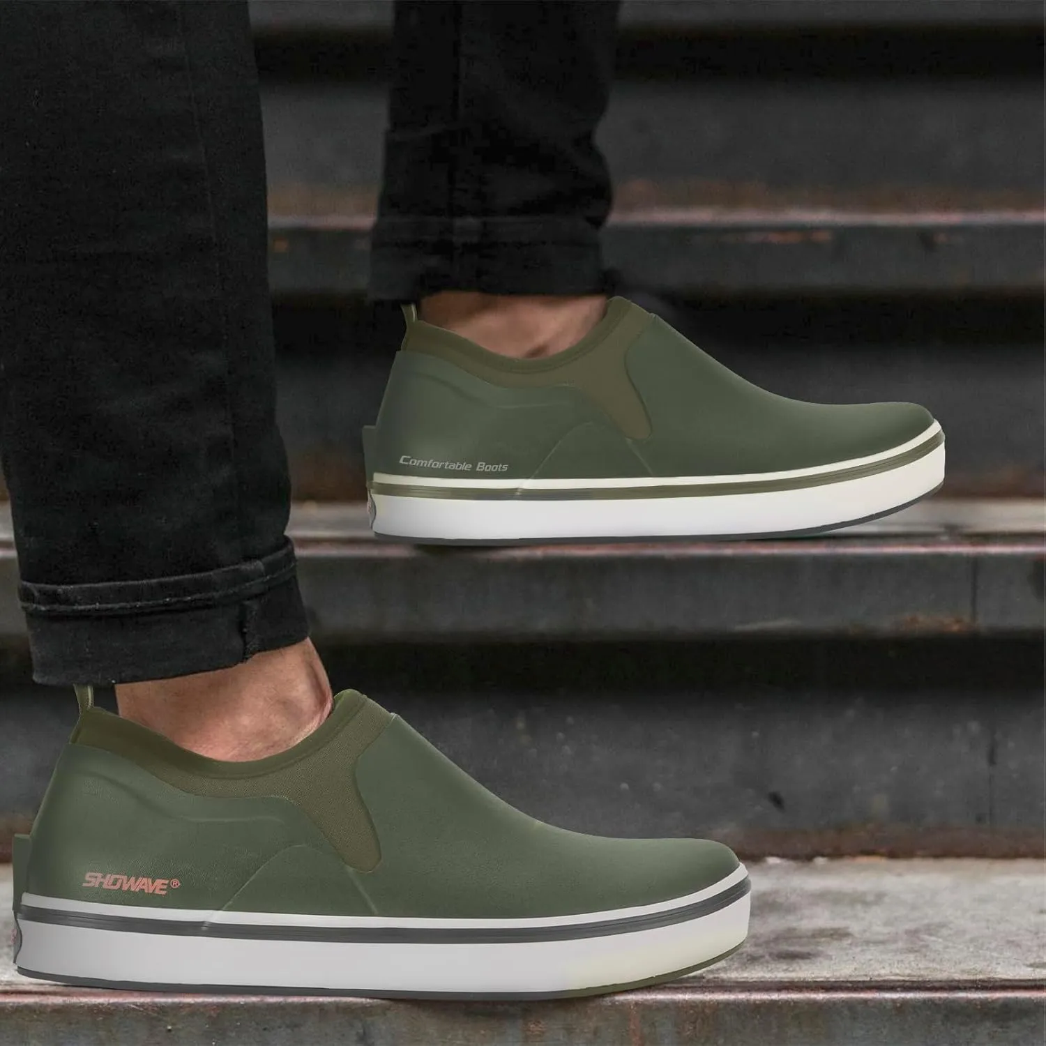 Showave Deck Shoes for Men Waterproof Garden Boots Slip-on Rain Shoes Breathable Ruber Fishing Shoes for Outdoor Mud Walking