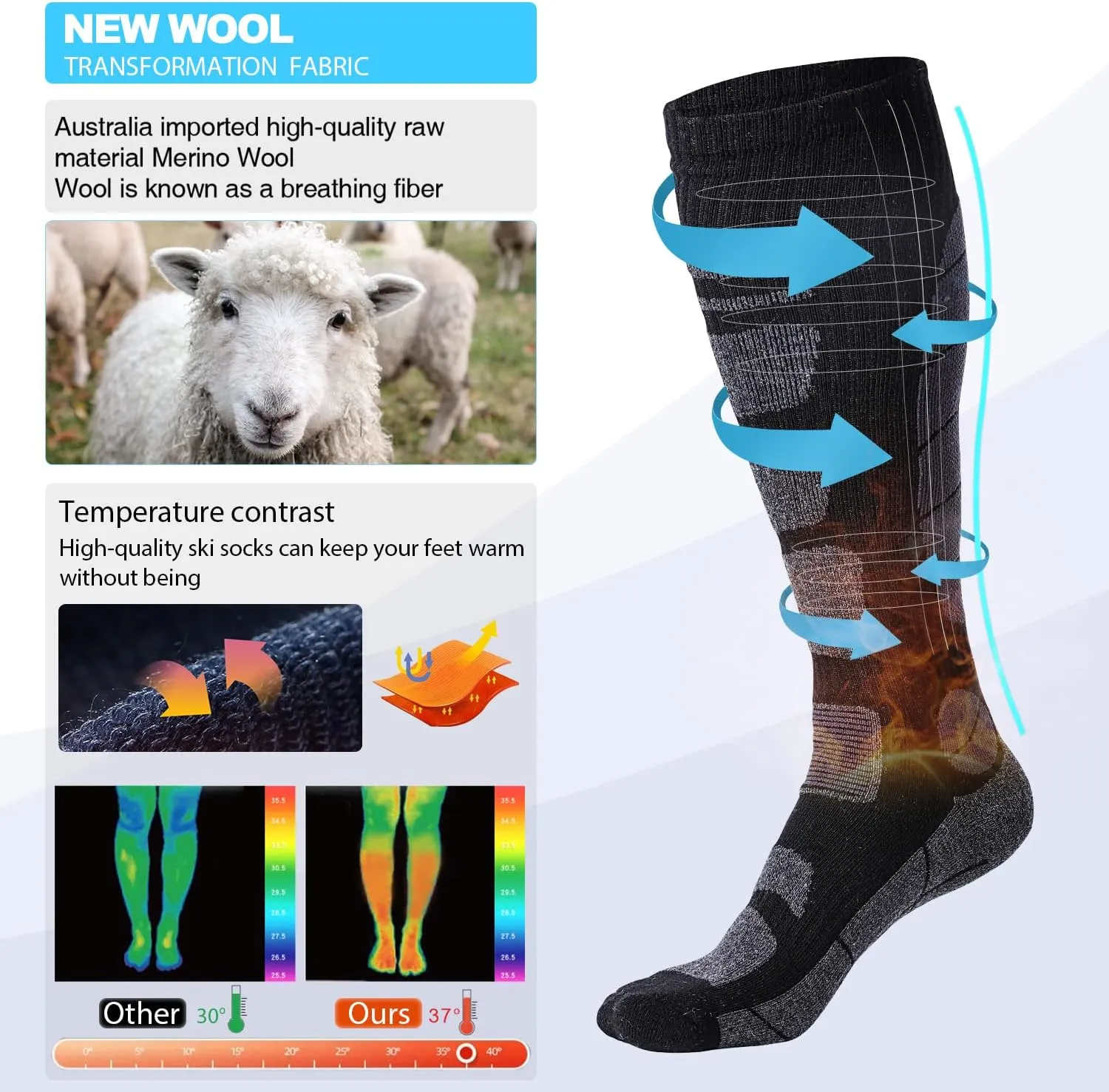 Ski Socks Merino Wool Thermal Knee High Winter Snowboard Sport Socks Men Women, Hunting