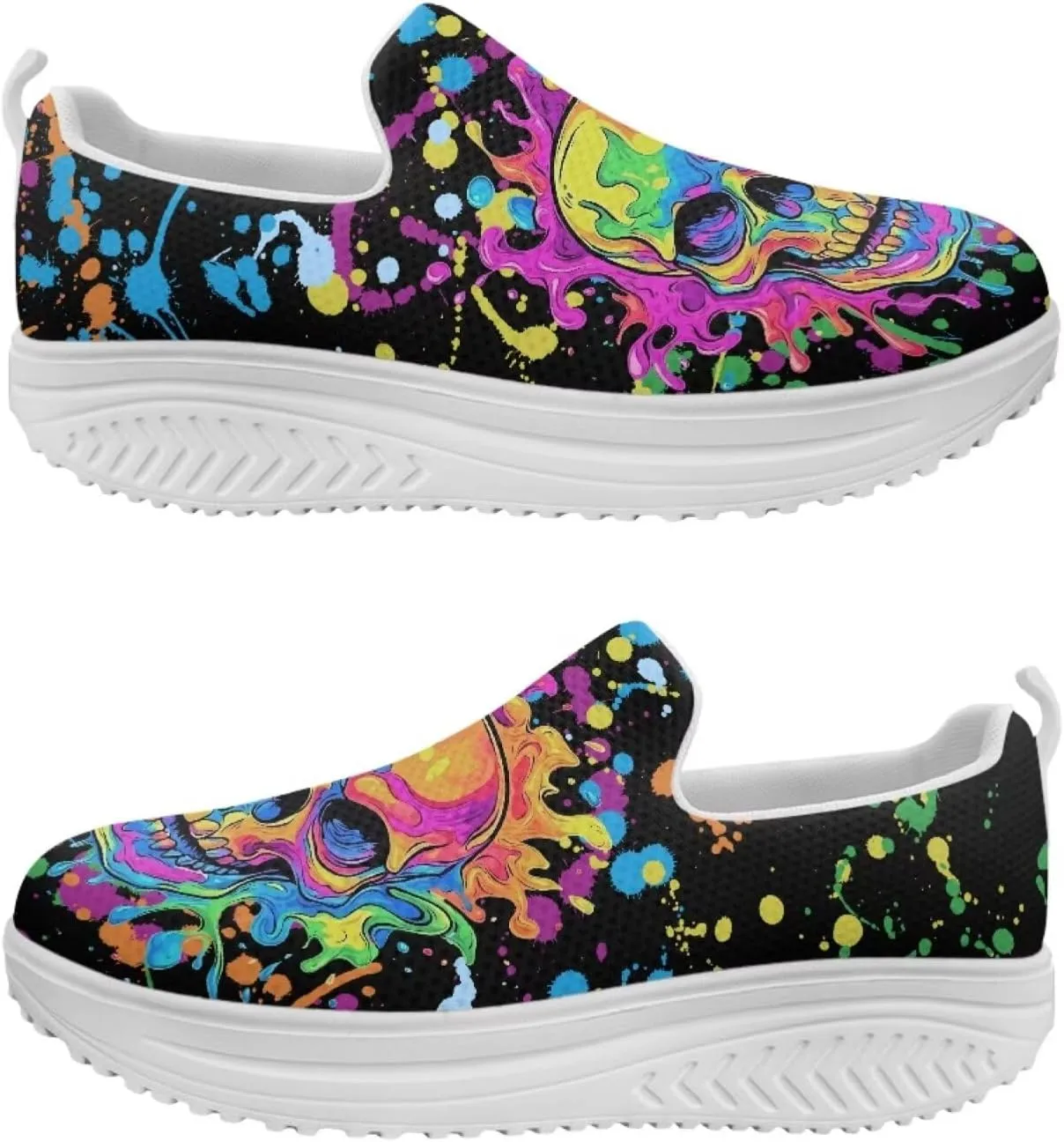 Skull Print Platform Sneakers for Women Slip on Trekking Shoes Running Tennis Shoes EVA Sole Casual Loafers