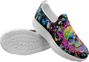 Skull Print Platform Sneakers for Women Slip on Trekking Shoes Running Tennis Shoes EVA Sole Casual Loafers