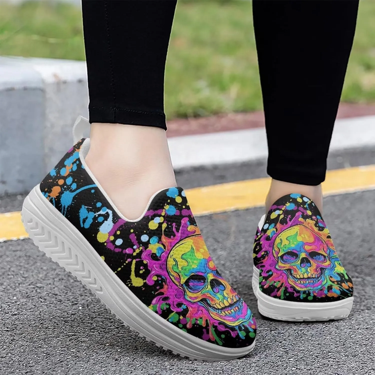 Skull Print Platform Sneakers for Women Slip on Trekking Shoes Running Tennis Shoes EVA Sole Casual Loafers