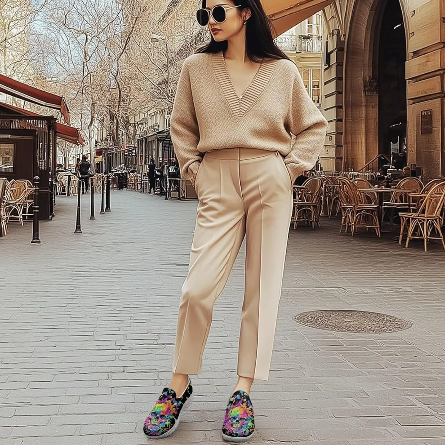 Skull Print Platform Sneakers for Women Slip on Trekking Shoes Running Tennis Shoes EVA Sole Casual Loafers