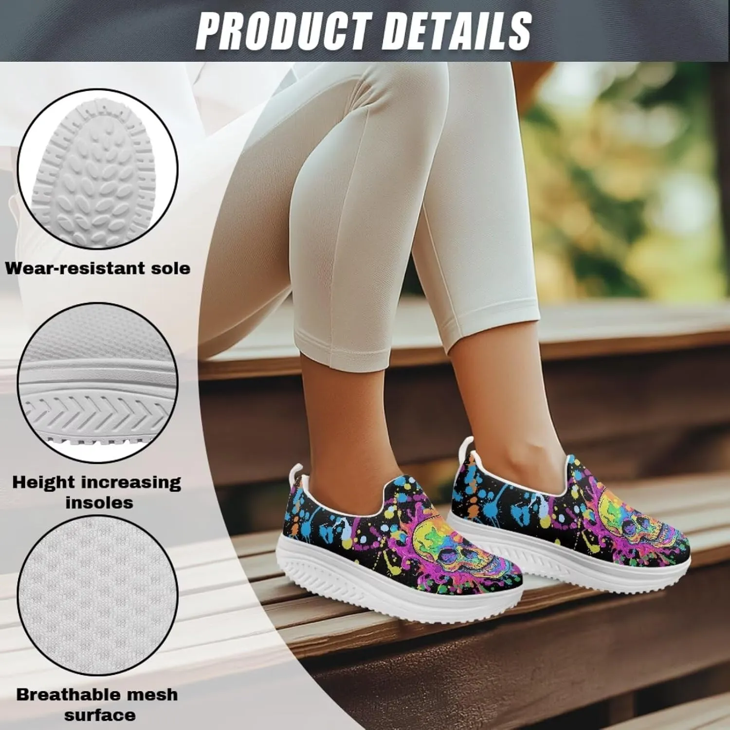 Skull Print Platform Sneakers for Women Slip on Trekking Shoes Running Tennis Shoes EVA Sole Casual Loafers