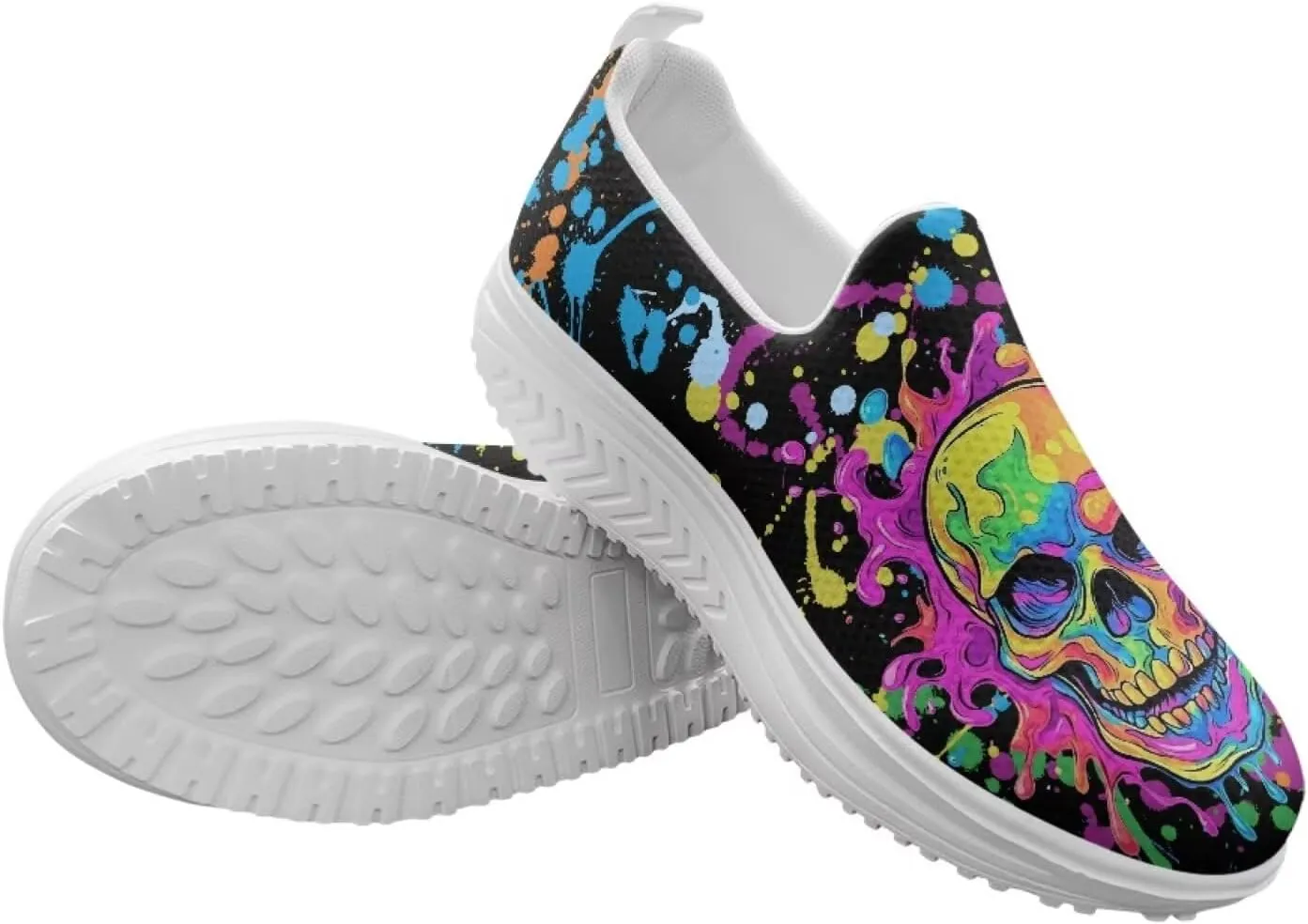 Skull Print Platform Sneakers for Women Slip on Trekking Shoes Running Tennis Shoes EVA Sole Casual Loafers