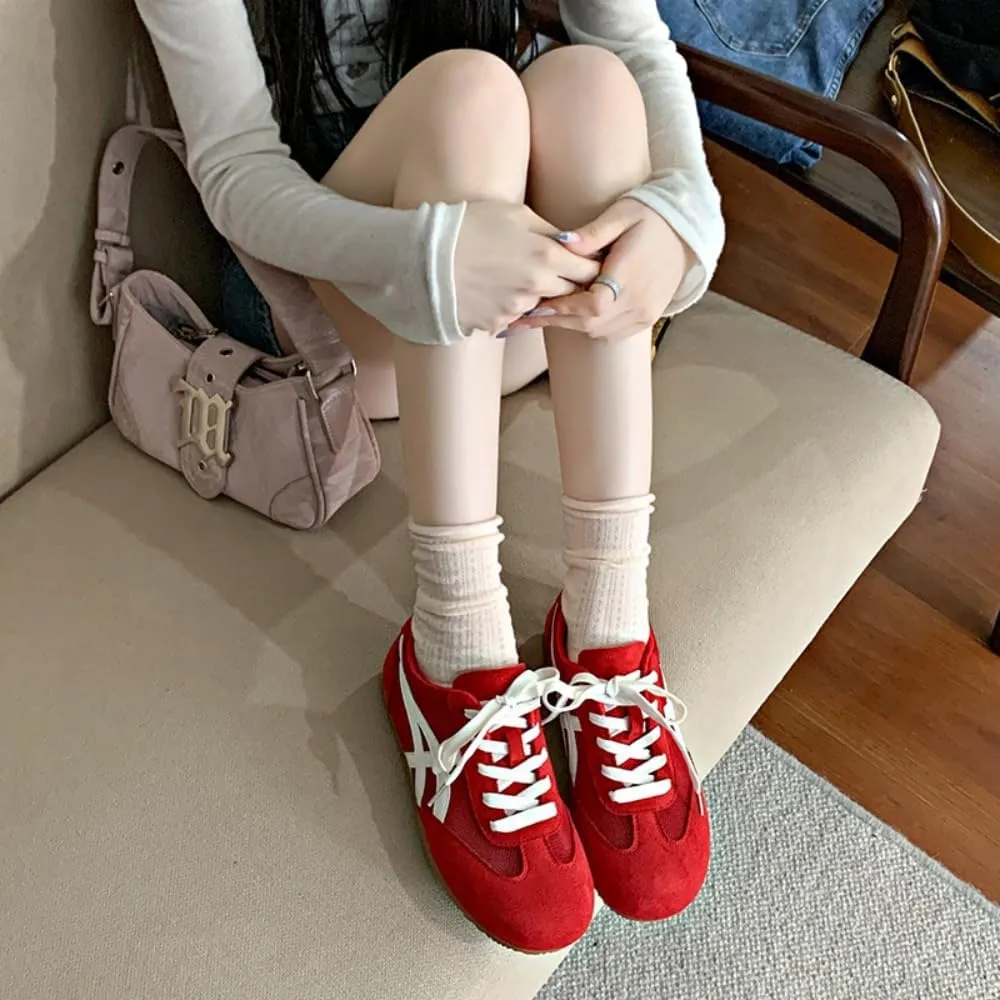 Sneakerina Cute Ballet Sneakers Women Girls Kawaii Y2K Retro Laces-up Round Toes Sport Shoes Non-Slip Chunky Sole Casual Leather Platform Sneakers Back to School Gift for Daughter Granddaughters