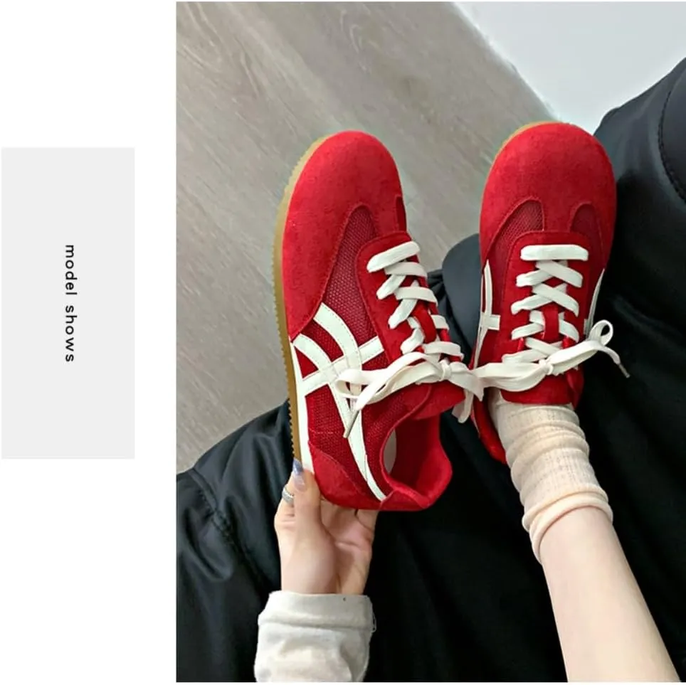 Sneakerina Cute Ballet Sneakers Women Girls Kawaii Y2K Retro Laces-up Round Toes Sport Shoes Non-Slip Chunky Sole Casual Leather Platform Sneakers Back to School Gift for Daughter Granddaughters