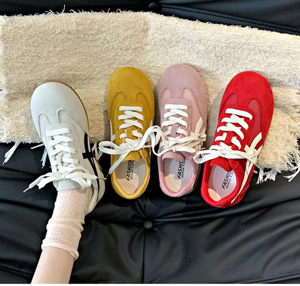 Sneakerina Cute Ballet Sneakers Women Girls Kawaii Y2K Retro Laces-up Round Toes Sport Shoes Non-Slip Chunky Sole Casual Leather Platform Sneakers Back to School Gift for Daughter Granddaughters