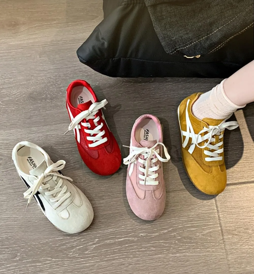 Sneakerina Cute Ballet Sneakers Women Girls Kawaii Y2K Retro Laces-up Round Toes Sport Shoes Non-Slip Chunky Sole Casual Leather Platform Sneakers Back to School Gift for Daughter Granddaughters