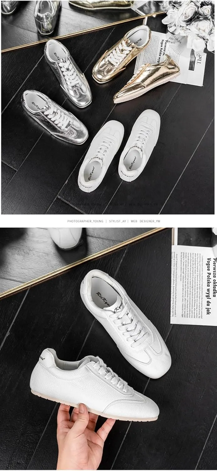 Sneakerina Flats Ballet Sneakers Women Girls Cute Y2K Retro Leather Round Toes Breathable Dress Shoes Non-Slip Chunky Sole Platform Tennis Sneakers Preppy Back to School Gifts Daughter Granddaughter
