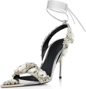 Sparkly Rhinestone Stiletto Heels Sandals for Women, Lace Up Backless Pointed Open Toe Wrap Around Strappy Heeled Sexy Summer Wedding Party Prom Dress Shoes