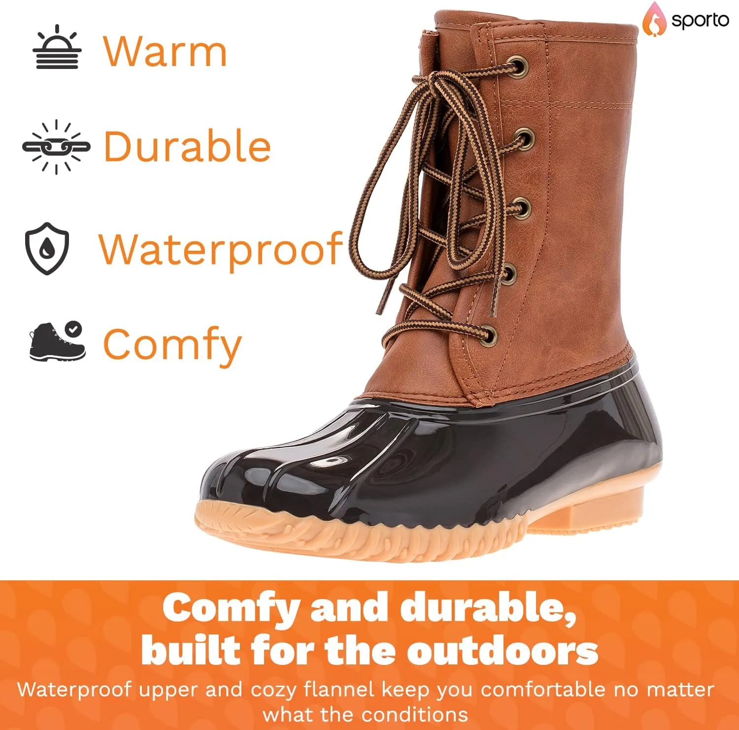 sporto Women's Duck Boots with Lace-Up Closure Attina Waterproof Mid-Calf Winter for Comfort